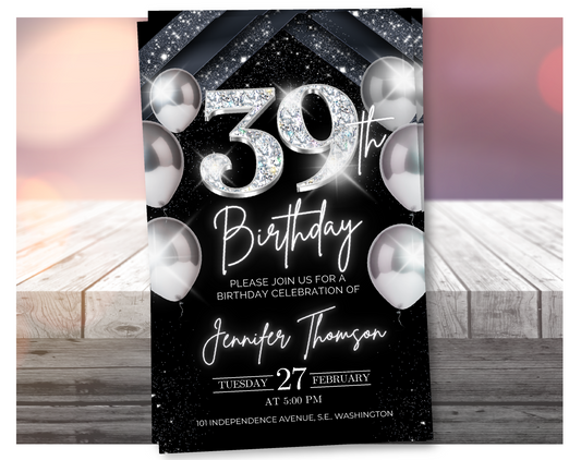 Elegant Silver 39th Birthday Invitation – Black Party Template
