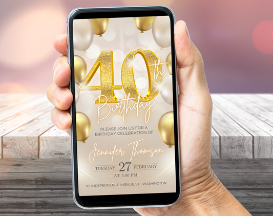 Luxury Gold 40th Birthday Invitation Template – Elegant Balloon Design Party Invite