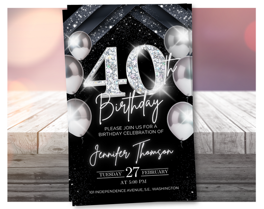 Elegant Silver 40th Birthday Invitation – Black Party Template