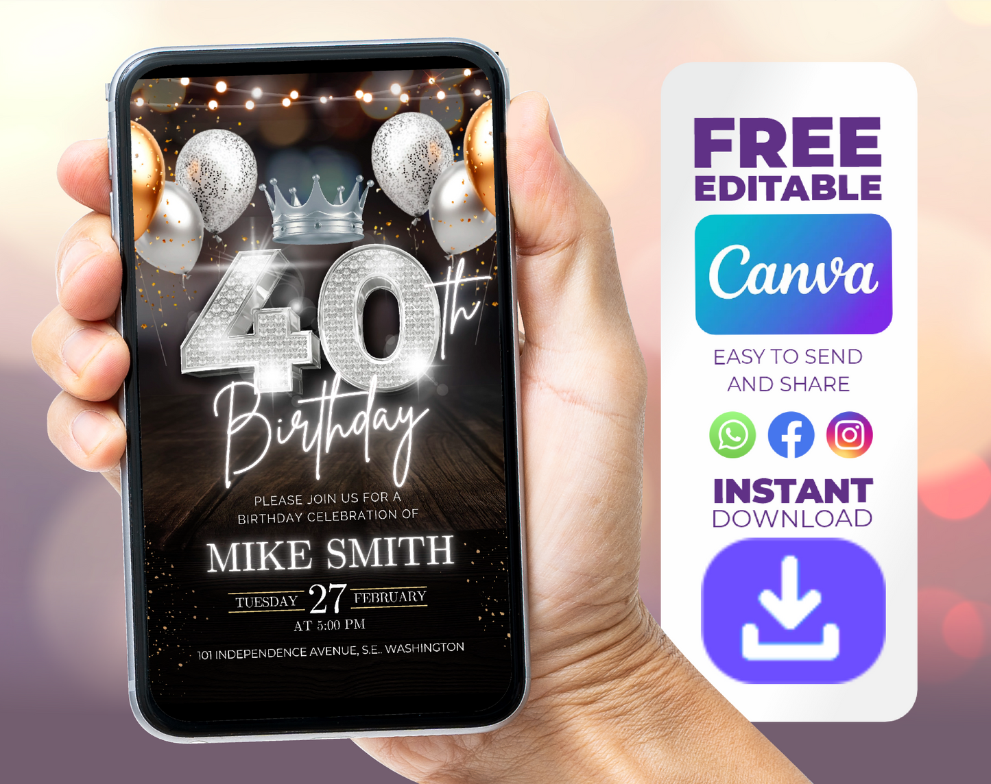 Invitación de Lujo para 40 Cumpleaños con Corona – Plantilla Animada en Canva Negro y Plata ✨