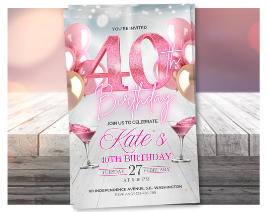 Video de invitación editable para el 40 cumpleaños en oro rosa – Invitación a fiesta de estilo elegante, descarga digital