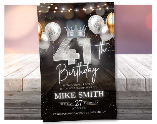 Luxury 41st Birthday Invitation with Crown – Black & Silver Animated Canva Template ✨