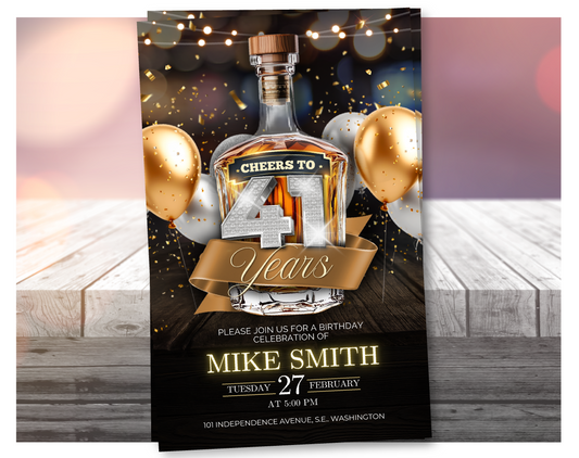 Luxury 41st Birthday Invitation Whisky Style 🥃 | Editable Canva Template | Elegant Gold Invite