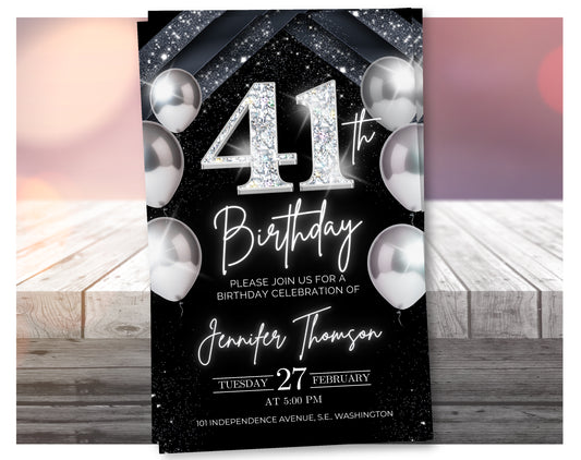 Elegant Silver 41st Birthday Invitation – Black Party Template