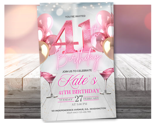 Video de invitación de cumpleaños número 41 de oro rosa editable – Invitación de fiesta de estilo elegante, descarga digital