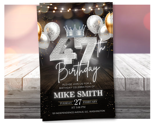 Luxury 47th Birthday Invitation with Crown – Black & Silver Animated Canva Template ✨