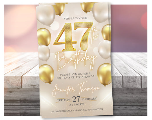 Luxury Gold 47th Birthday Invitation Template – Elegant Balloon Design Party Invite