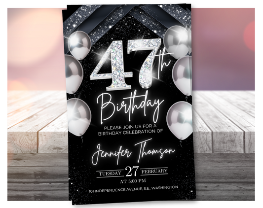 Elegant Silver 47th Birthday Invitation – Black Party Template