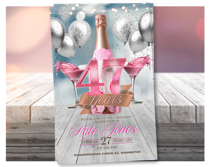 Invitación en video de cumpleaños número 47 con champán rosa (rosa con brillantina) | Plantilla de Canva editable