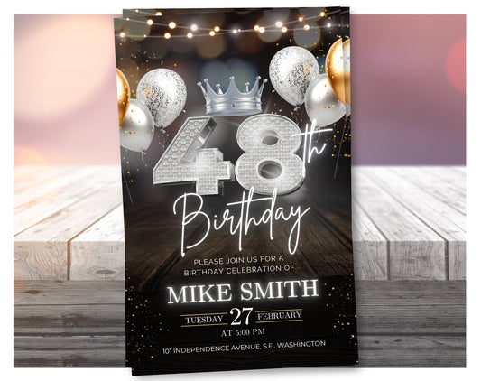 Luxury 48th Birthday Invitation with Crown – Black & Silver Animated Canva Template ✨