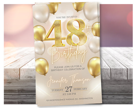 Luxury Gold 48th Birthday Invitation Template – Elegant Balloon Design Party Invite