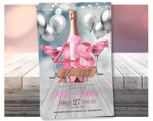 Pink Champagne 48th Birthday Video Invitation (Glitter Pink) | Editable Canva Template
