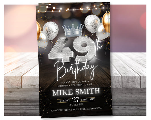 Luxury 49th Birthday Invitation with Crown – Black & Silver Animated Canva Template ✨