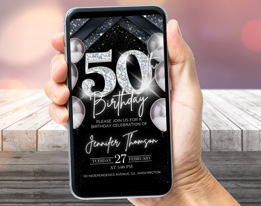 Elegant Silver 50th Birthday Invitation – Black Party Template