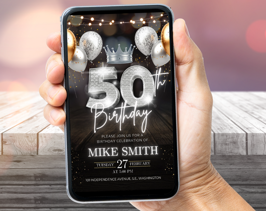 Luxury 50th Birthday Invitation with Crown – Black & Silver Animated Canva Template ✨