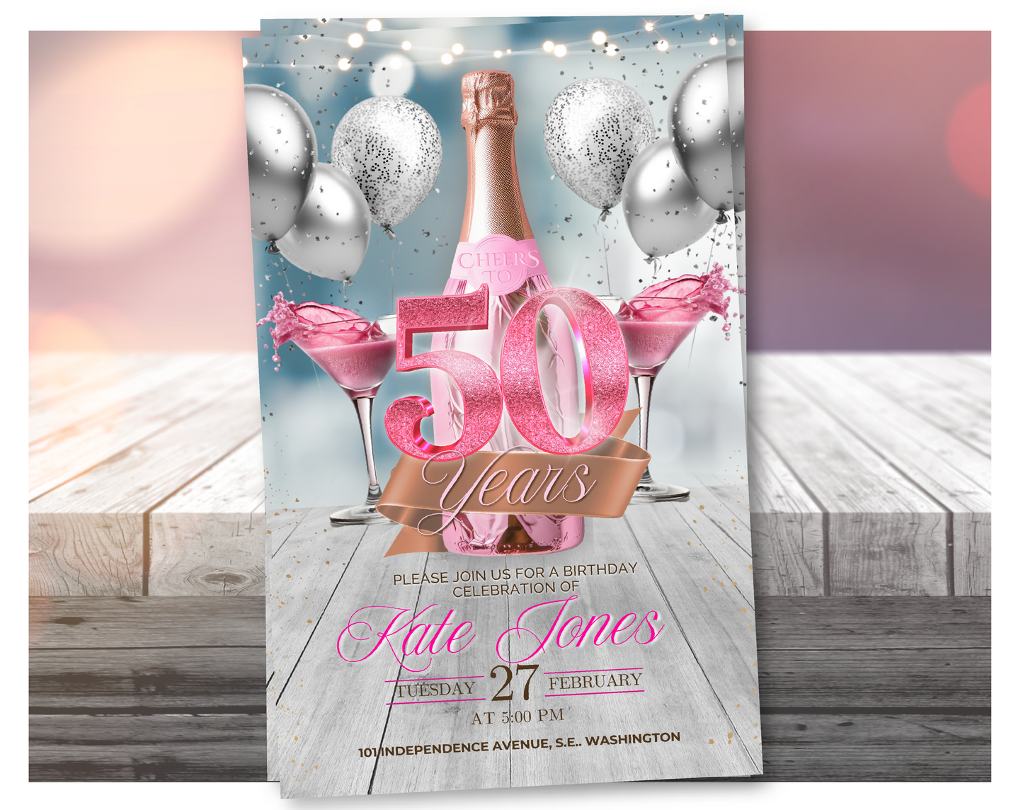 Invitación de vídeo de 50 cumpleaños con champán rosa (rosa con purpurina) | Plantilla editable de Canva