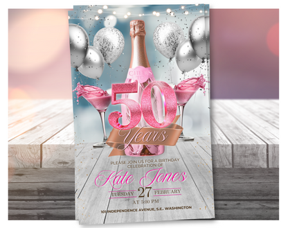 Invitación de vídeo de 50 cumpleaños con champán rosa (rosa con purpurina) | Plantilla editable de Canva