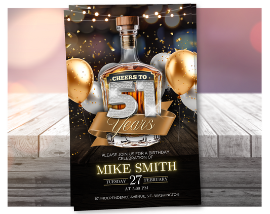 Luxury 51st Birthday Invitation Whisky Style 🥃 | Editable Canva Template | Elegant Gold Invite
