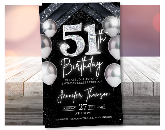 Elegant Silver 51st Birthday Invitation – Black Party Template