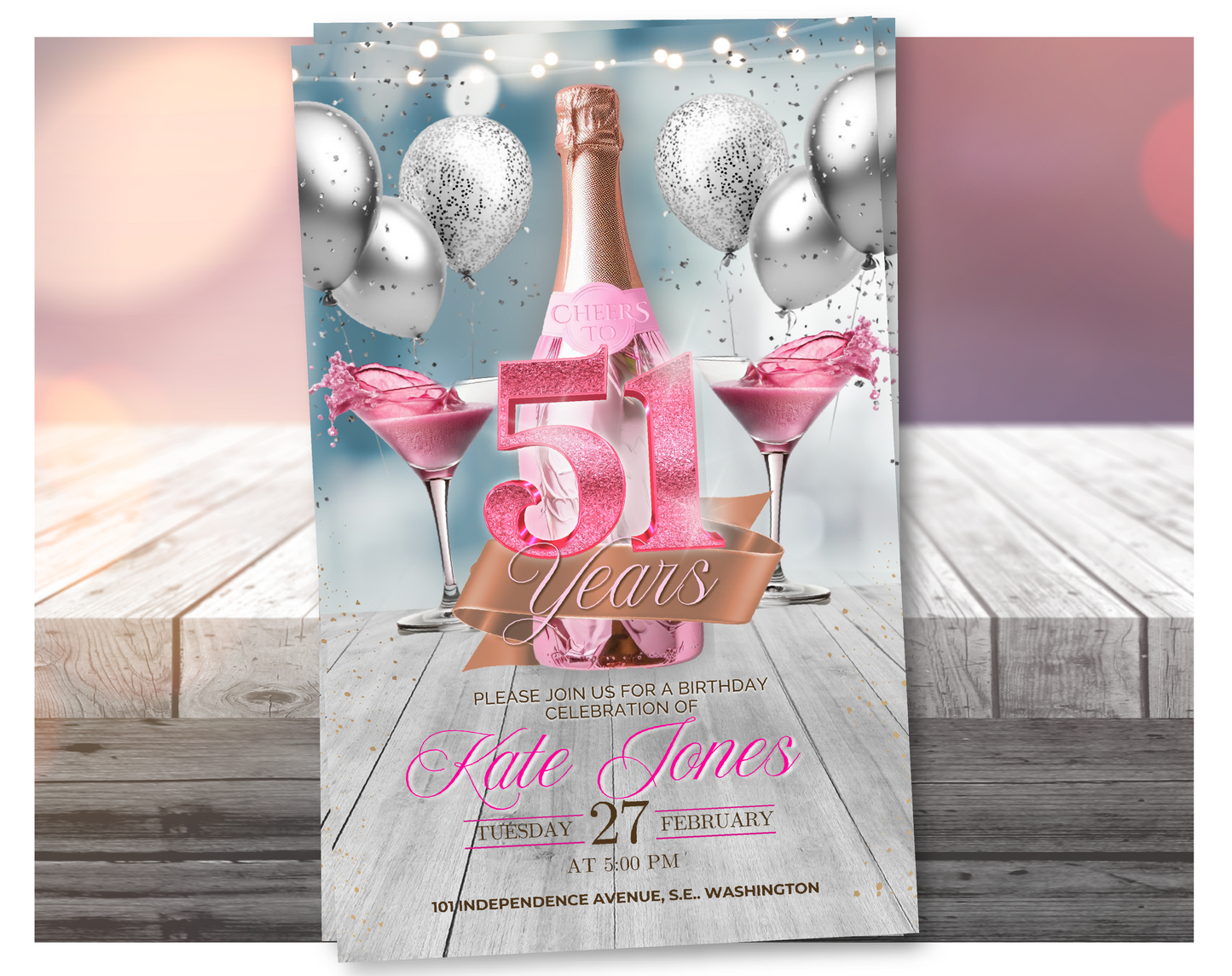 Invitación en Video para 51 Cumpleaños con Champaña Rosa (Rosa con Purpurina) | Plantilla de Canva Editable