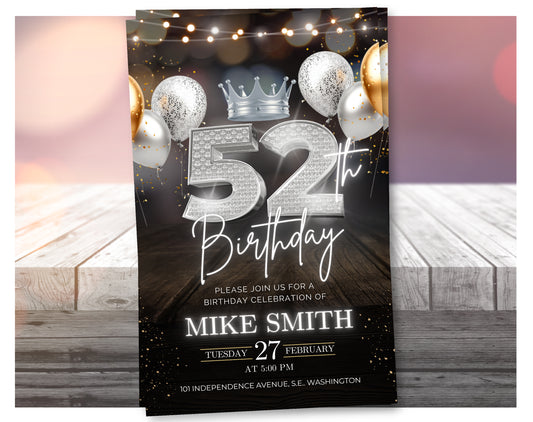 Luxury 52nd Birthday Invitation with Crown – Black & Silver Animated Canva Template ✨