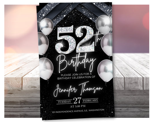 Elegant Silver 52nd Birthday Invitation – Black Party Template