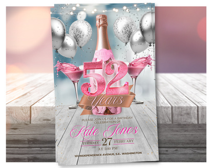 Video Invitación de 52 Cumpleaños con Champán Rosa (Rosa Glitter) | Plantilla de Canva Editable