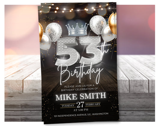 Luxury 53rd Birthday Invitation with Crown – Black & Silver Animated Canva Template ✨