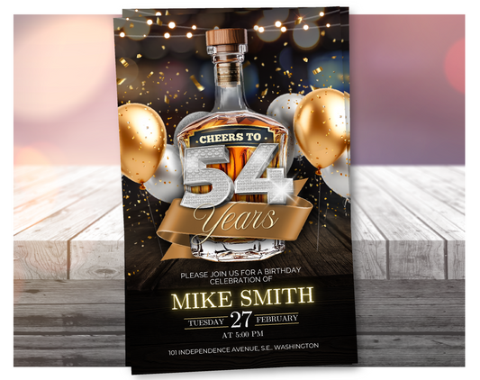 Luxury 54th Birthday Invitation Whisky Style 🥃 | Editable Canva Template | Elegant Gold Invite