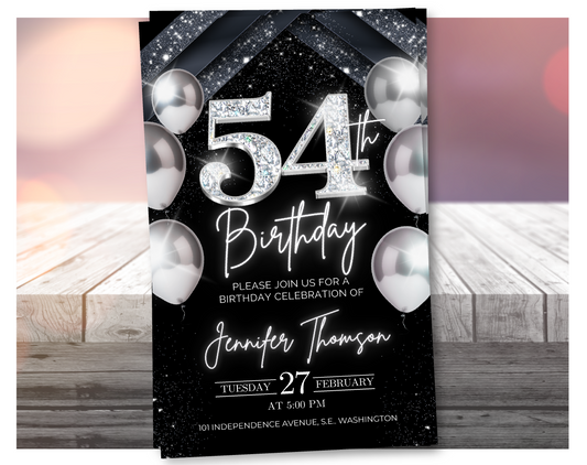 Elegant Silver 54th Birthday Invitation – Black Party Template