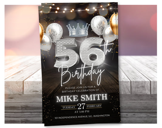 Luxury 56th Birthday Invitation with Crown – Black & Silver Animated Canva Template ✨