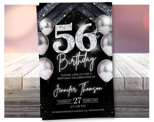 Elegant Silver 56th Birthday Invitation – Black Party Template