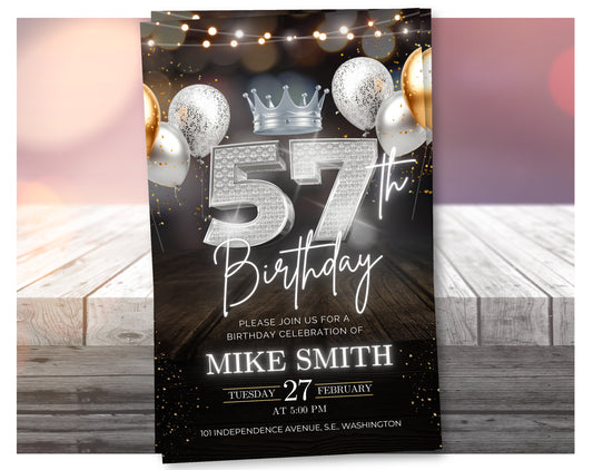 Luxury 57th Birthday Invitation with Crown – Black & Silver Animated Canva Template ✨