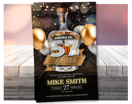 Luxury 57th Birthday Invitation Whisky Style 🥃 | Editable Canva Template | Elegant Gold Invite