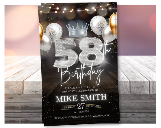 Luxury 58th Birthday Invitation with Crown – Black & Silver Animated Canva Template ✨