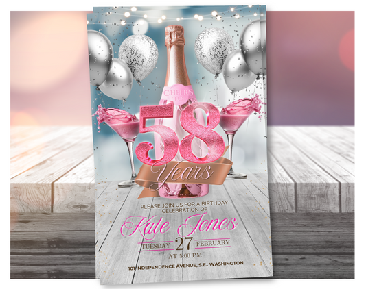 Pink Champagne 58th Birthday Video Invitation (Glitter Pink) | Editable Canva Template