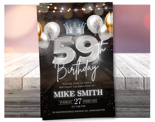 Luxury 59th Birthday Invitation with Crown – Black & Silver Animated Canva Template ✨