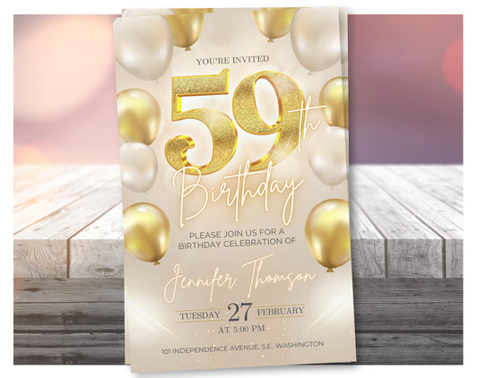 Luxury Gold 59th Birthday Invitation Template – Elegant Balloon Design Party Invite