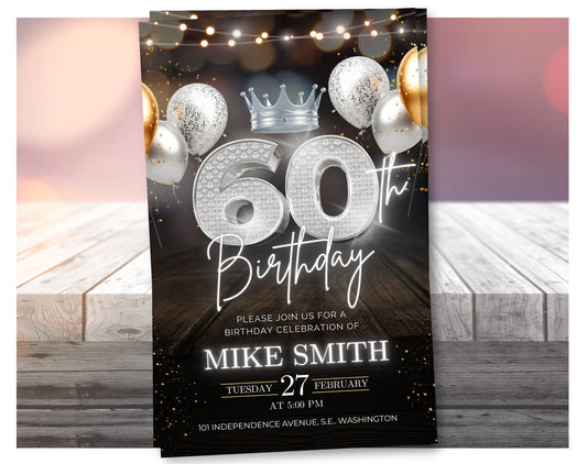 Luxury 60th Birthday Invitation with Crown – Black & Silver Animated Canva Template ✨