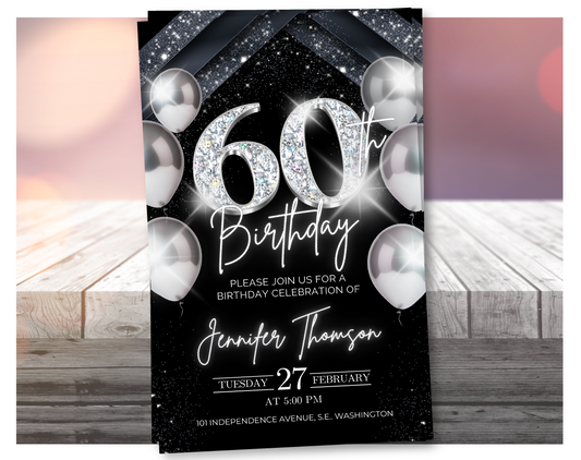 Elegant Silver 60th Birthday Invitation – Black Party Template