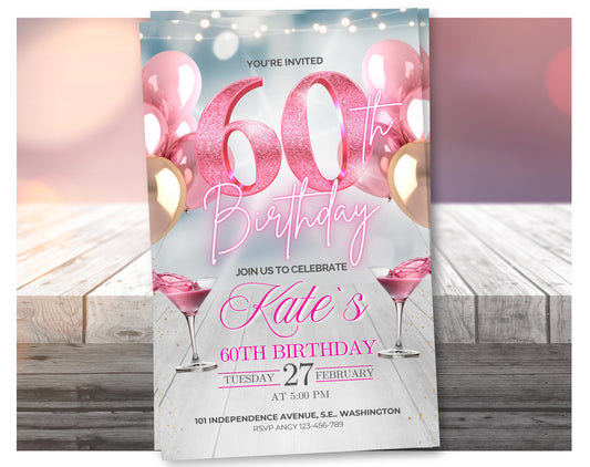 Editable Rose Gold 60th Birthday Invitation Video – Elegant Style Party Invite, Digital Download