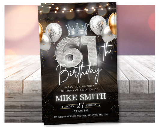Luxury 61st Birthday Invitation with Crown – Black & Silver Animated Canva Template ✨