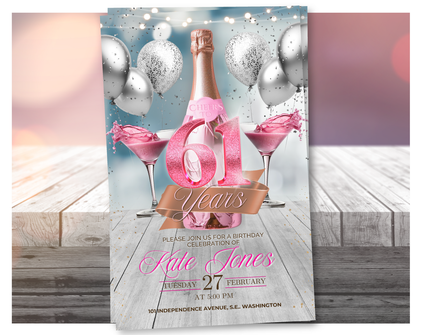 Invitación de video para el 61 cumpleaños con champán rosa (rosa brillante) | Plantilla editable de Canva