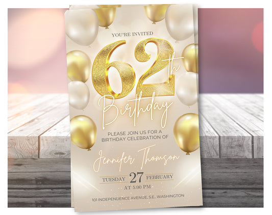 Luxury Gold 62nd Birthday Invitation Template – Elegant Balloon Design Party Invite