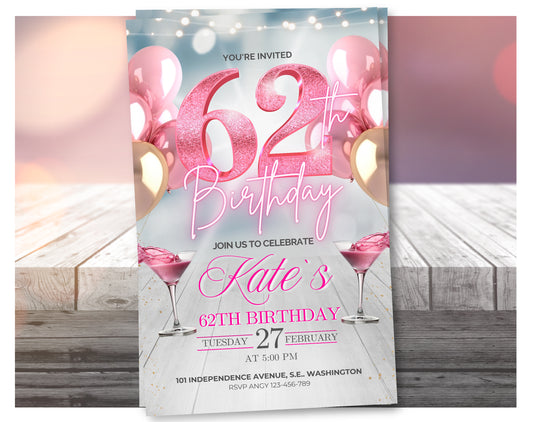 Editable Rose Gold 62nd Birthday Invitation Video – Elegant Style Party Invite, Digital Download