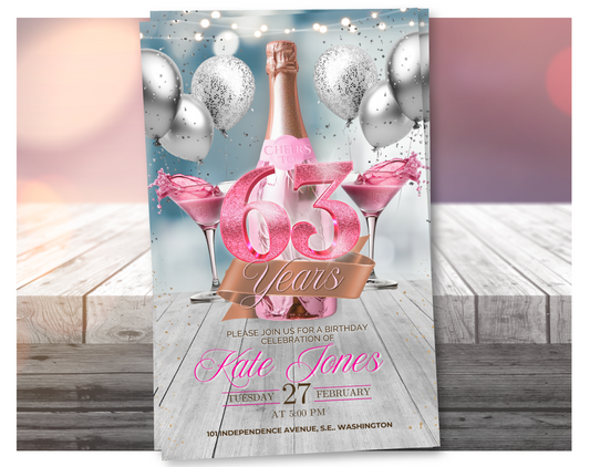 Pink Champagne 63rd Birthday Video Invitation (Glitter Pink) | Editable Canva Template
