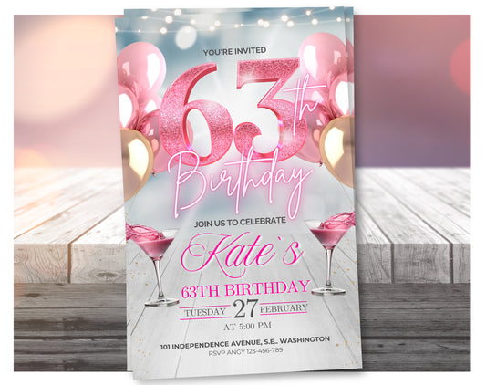 Editable Rose Gold 63rd Birthday Invitation Video – Elegant Style Party Invite, Digital Download