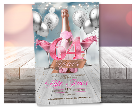 Pink Champagne 64th Birthday Video Invitation (Glitter Pink) | Editable Canva Template