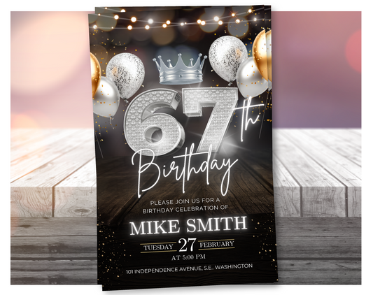 Luxury 67th Birthday Invitation with Crown – Black & Silver Animated Canva Template ✨