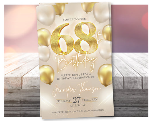 Luxury Gold 68th Birthday Invitation Template – Elegant Balloon Design Party Invite